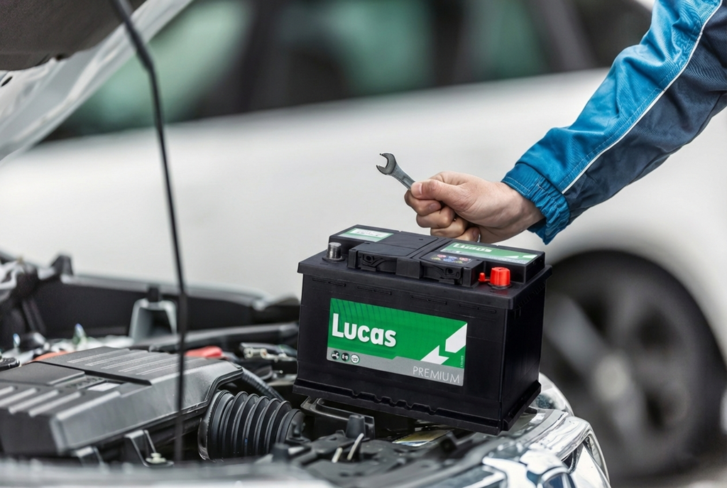 Akumulator rozruchowy Lucas podczas montażu na warsztacie