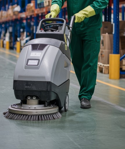 Maszyna czyszcząca podczas pracy na magazynie